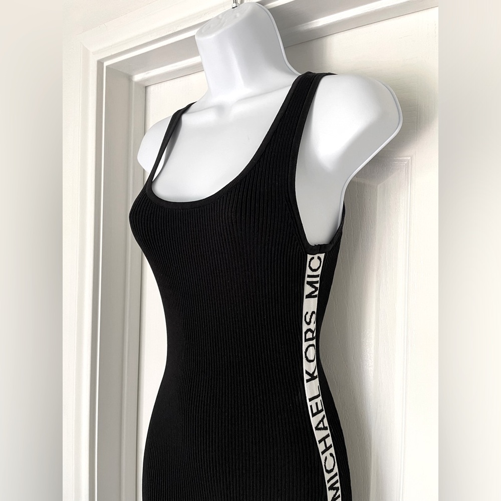 Michael Kors Ribbed Black White MK Stretch Knit Logo Tape Midi Tank Dress - Picture 5 of 13
